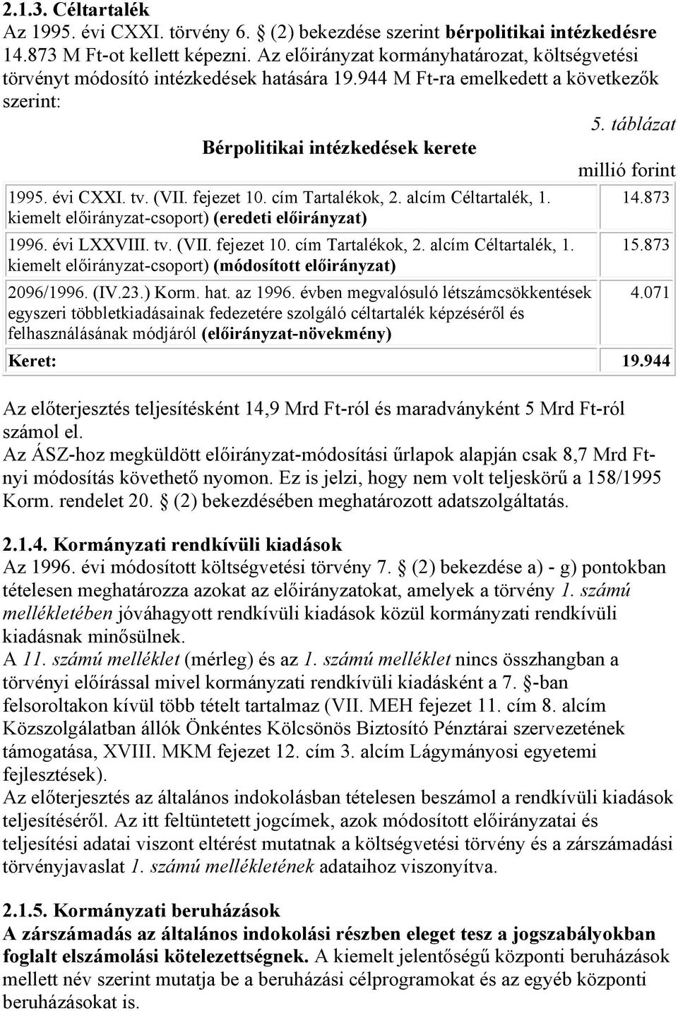 évi CXXI. tv. (VII. fejezet 10. cím Tartalékok, 2. alcím Céltartalék, 1. kiemelt előirányzat-csoport) (eredeti előirányzat) 1996. évi LXXVIII. tv. (VII. fejezet 10. cím Tartalékok, 2. alcím Céltartalék, 1. kiemelt előirányzat-csoport) (módosított előirányzat) 2096/1996.