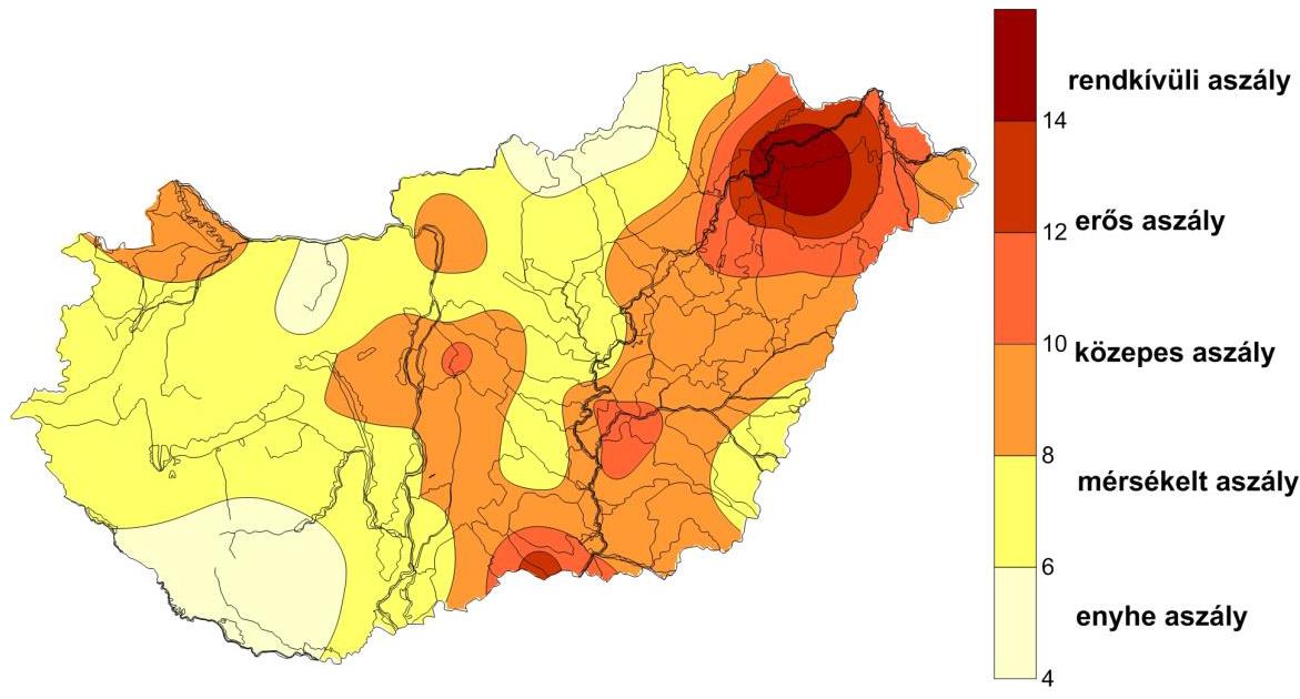 Az aszályindex (PAI) 2015-re számított értékeinek