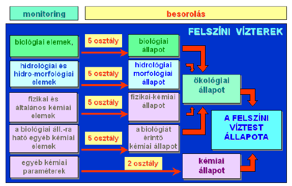 A VKI szerint az ökológiai állapot alapján történik a felszíni vizek osztályba sorolása. A felszíni víztest állapotát az ökológiai és a kémiai állapot együttesen adja, ahogyan az 1.