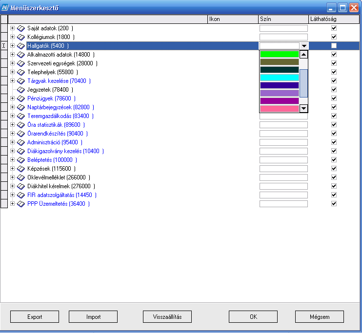 Menüpont szín beállítása A fa struktúrában a menüelemek sorrendje változtatható, a kiválasztott menüpont bal egérrel áthelyezhető.