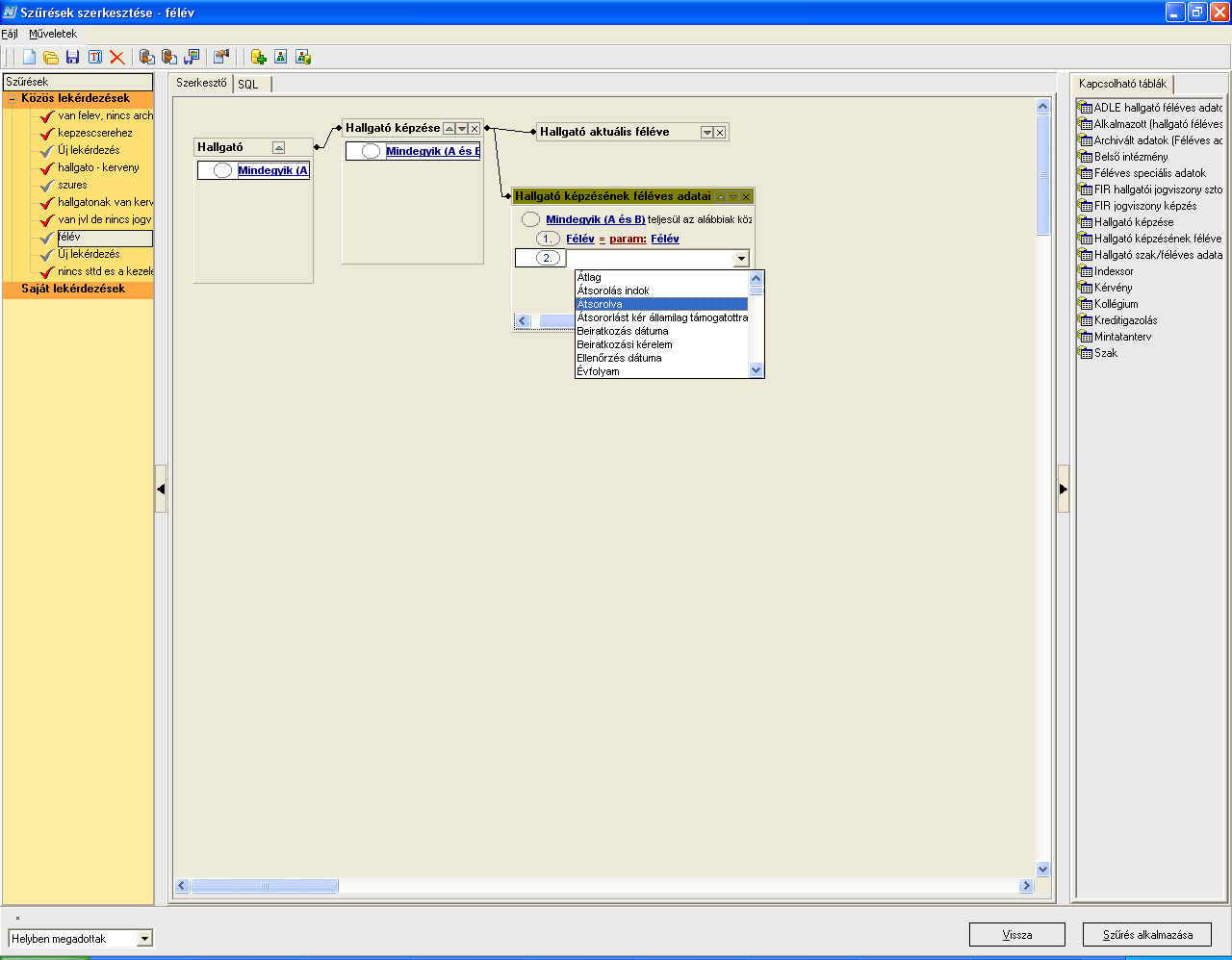 A szerkesztés lapon a Hallgatók táblán beállítjuk a feltételeket, majd a kapcsolódásokat a jobb oldali listából választva egymás után felrakjuk a szerkesztő felületre a kapcsolódó táblákat,