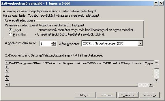 7.2.2. TXT import esetén beolvasás Excelbe A kiexportált txt fejléc állomány, mely tartalmazza az oszlopcímeket érdemes a Microsoft Excel programmal társítani, mert a későbbi szerkesztés könnyebben