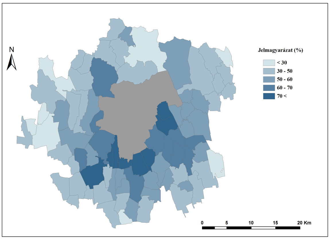 12. ábra: Pécsről érkezők száma a települések 1990-es népességszámához viszonyítva %, (1990-2011) KSH alapján