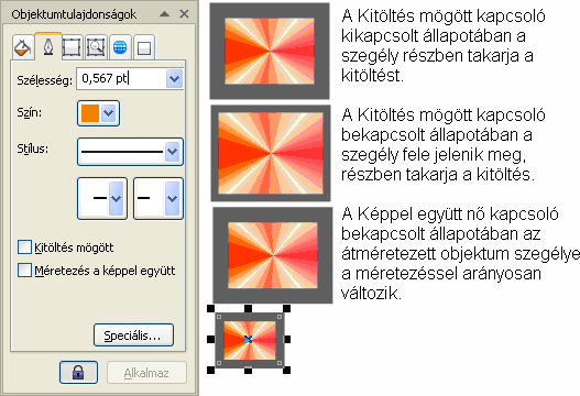 12 RAJZELEMEK TULAJDONSÁGAI pusának kiválasztására szolgál. A körvonal törléséhez kattintsunk a jobb egérgombbal a paletta tetején látható ikonra.