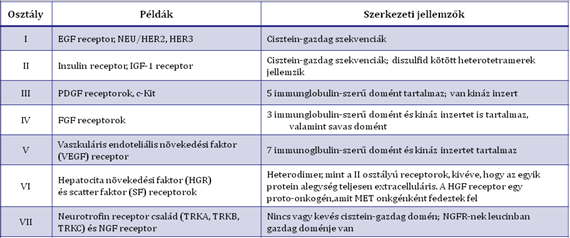 II.2-1. ábra: Növekedési faktor receptorok II.2-1. táblázat: Receptor osztályok 2.1.1.3.