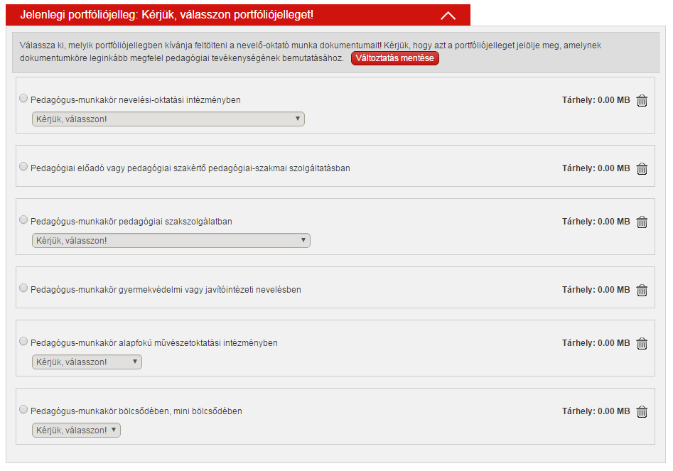 4.5.2. Portfóliójelleg választása A különböző felhasználóknak szakmai okokból különböző típusú portfólió feltöltésére van lehetősége.