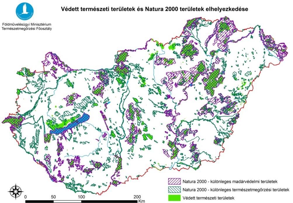 113. ábra: Védett természeti területek és Natura 2000 területek elhelyezkedése Forrás: FM, Természetmegőrzési Főosztály Az élőhelyvédelmi és a madárvédelmi irányelvek értelmében hatévente valamennyi