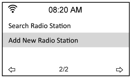 9.1.4 Keresés a cím megadásával 1. Válassza a főmenüben a Service > Add New Radio Station (kiszolgálás > új rádióállomás betagolása) útvonalat. 2. Adja be egy adó címét.