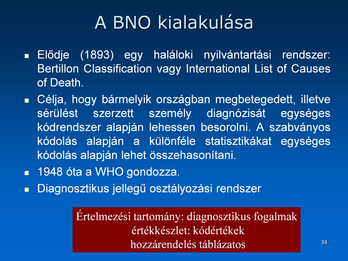 Alapja az 1893-ban elkészült Bertillon-féle osztályozás. Azóta a kódrendszer többszöri revízión ment át. 1948-ban a hatodik revíziót már az Egészségügyi Világszervezet felügyelete alatt dolgozták ki.