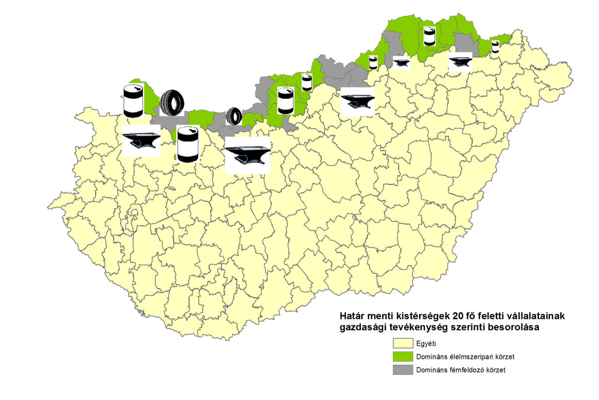 8. ábra: Gazdasági tevékenységek jellemzői a határ menti régióban Jelmagyarázat: az ikonok mérete arányos a vállalatok számával; minél nagyobb az ikon, annál több az adott gazdasági ágazatban működő