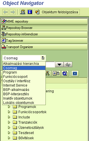 Fejlesztői környezet Object Navigator (SE80) Alkalmazási hierarchia Csomag Program Funkciócsoport Osztály / interfész