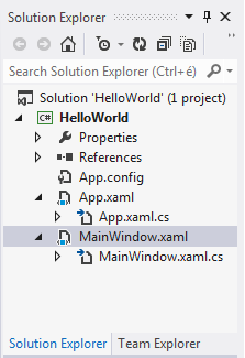 II.1. WPF projekt alapvető állományai A HelloWorld példákhoz visszatérve nézzük meg, hogy melyek egy WPF projekt alapvető állományai! II.4. Solution Explorer A Solution Exprorer-ben (Hiba!