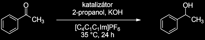 Comyns és kollégái tozilát alapú ionos folyadékokban vizsgálták a transzfer hidrogénezést.