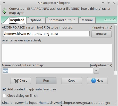 GRASS raszter import ESRI ASCII GRID import r.in.arc input=gto.