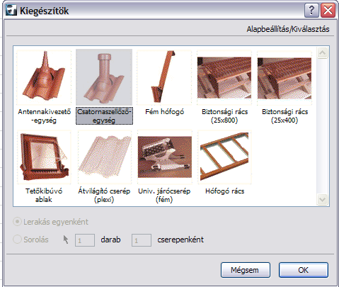 2.4 Kiegészítők hozzárendelése A program a kiegészítők egy részét a felület geometriájának függvényében automatikusan rendeli a tetőfelülethez. Ilyenek lehetnek a szellőzőcserepek és a fém hófogók.