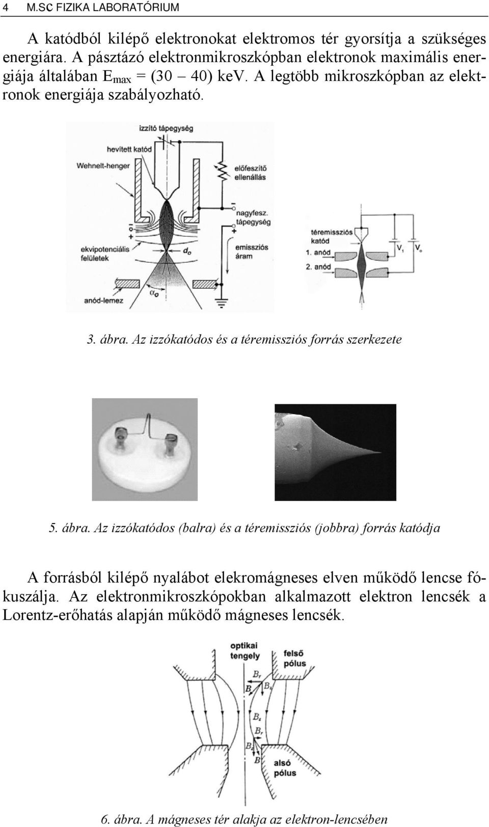 3. ábra. Az izzókatódos és a téremissziós forrás szerkezete 5. ábra. Az izzókatódos (balra) és a téremissziós (jobbra) forrás katódja A forrásból kilépő nyalábot elekromágneses elven működő lencse fókuszálja.