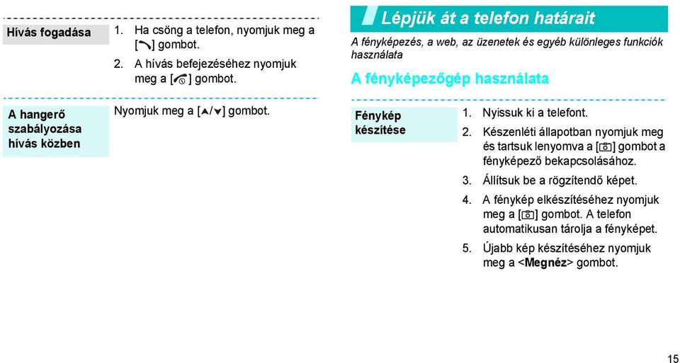 közben Nyomjuk meg a [ / ] gombot. Fénykép készítése 1. Nyissuk ki a telefont. 2.