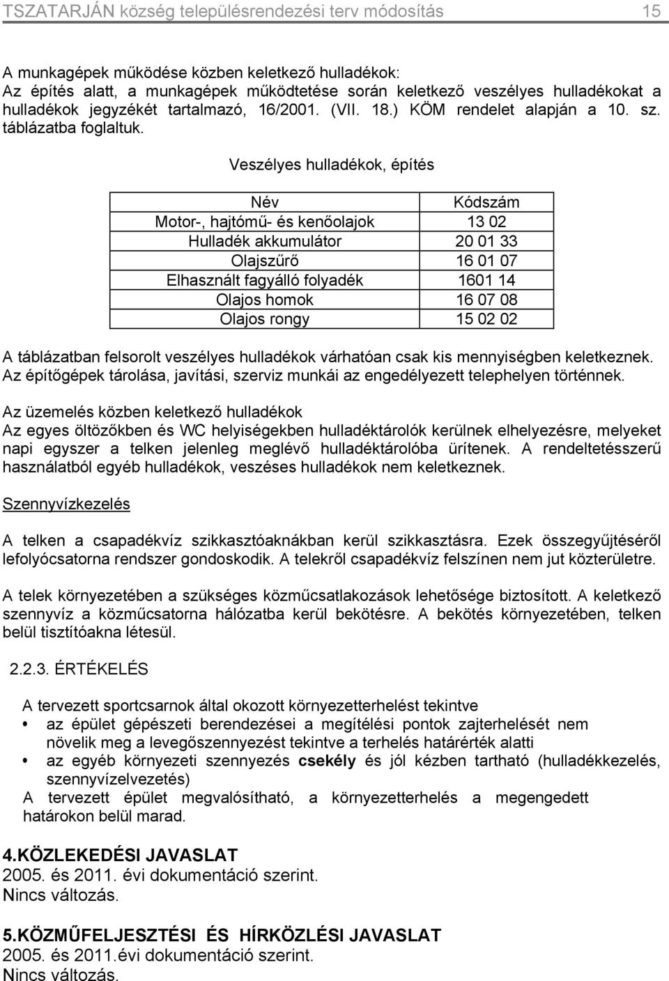 Veszélyes hulladékok, építés Név Kódszám Motor-, hajtómű- és kenőolajok 13 02 Hulladék akkumulátor 20 01 33 Olajszűrő 16 01 07 Elhasznált fagyálló folyadék 1601 14 Olajos homok 16 07 08 Olajos rongy