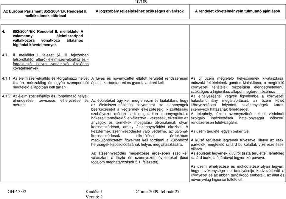 1. Az élelmiszer-előállító és -forgalmazó helyet tisztán, műszakilag és egyéb szempontból megfelelő állapotban kell tartani. 4.1.2 Az élelmiszer-előállító és -forgalmazó helyek elrendezése, tervezése, elhelyezése és mérete: A füves és növényzettel ellátott területet rendszeresen ápolni, karbantartani és gyomtalanítani kell.