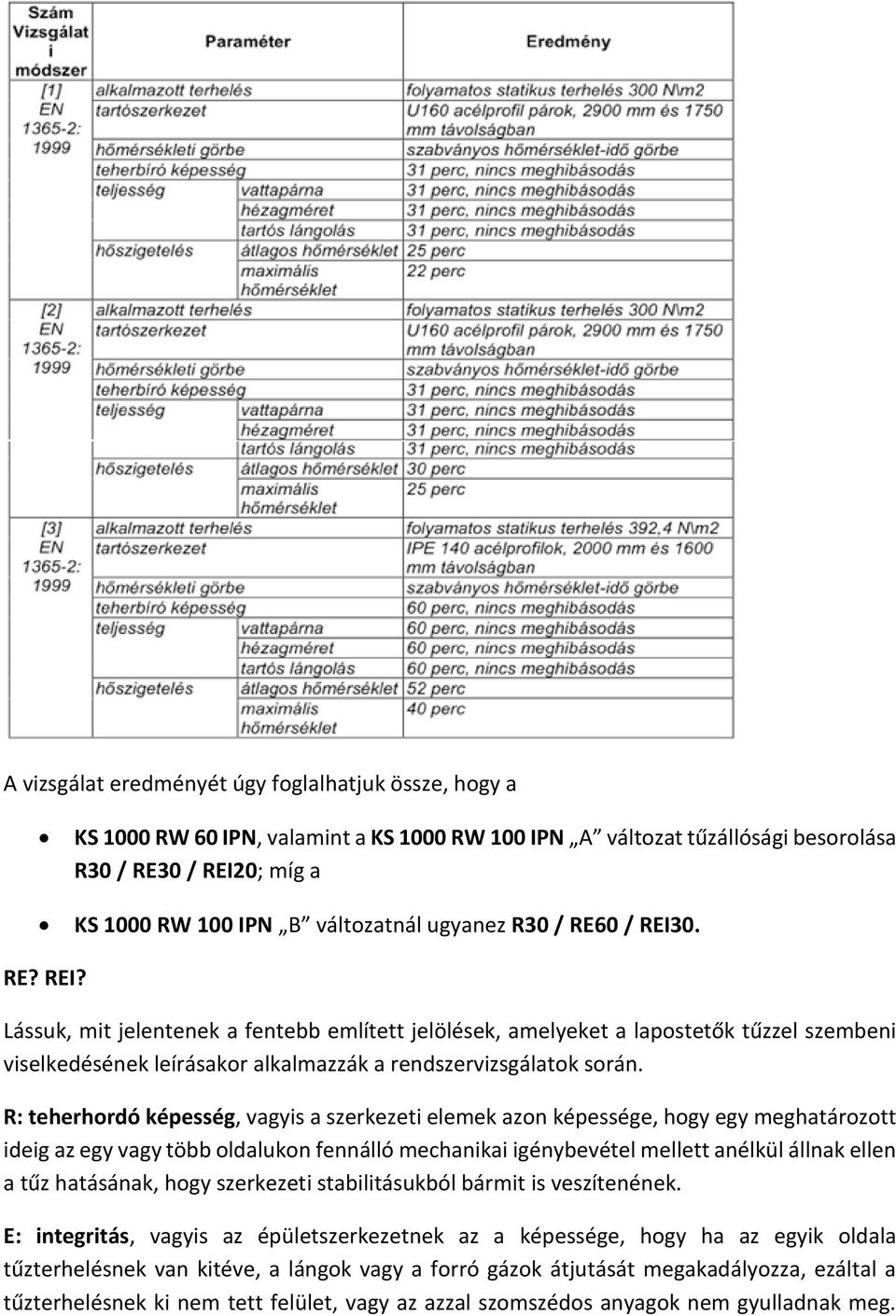 R: teherhordó képesség, vagyis a szerkezeti elemek azon képessége, hogy egy meghatározott ideig az egy vagy több oldalukon fennálló mechanikai igénybevétel mellett anélkül állnak ellen a tűz