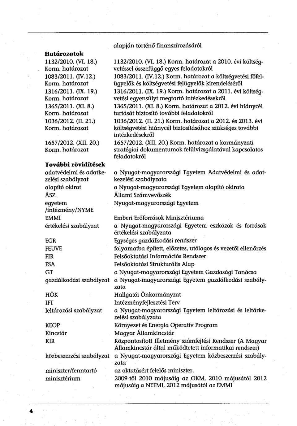 határozat További rövidítések adatvédelmi és adatkezelési szabályzat alapító okirat ÁSZ egyetem /intézmény/nyme EMMI értékelési szabályzat EGR FEUVE FIR FSA GT gazdálkodási szabályzat HÖK!