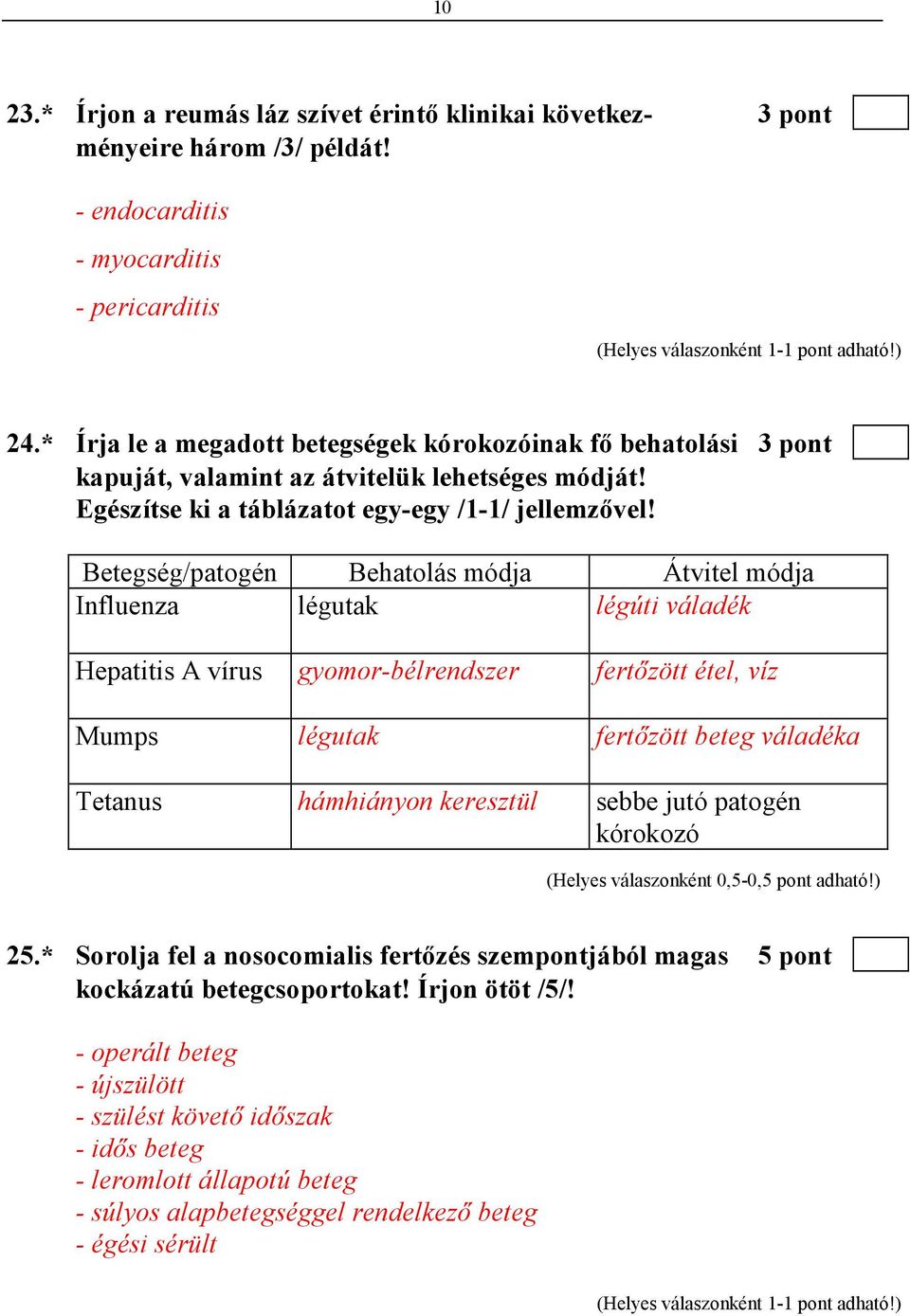 Betegség/patogén Behatolás módja Átvitel módja Influenza légutak légúti váladék Hepatitis A vírus gyomor-bélrendszer fertızött étel, víz Mumps légutak fertızött beteg váladéka Tetanus hámhiányon