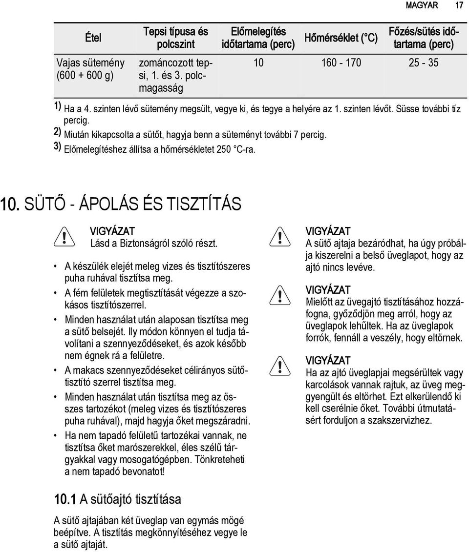 3) Előmelegítéshez állítsa a hőmérsékletet 250 C-ra. 10. SÜTŐ - ÁPOLÁS ÉS TISZTÍTÁS Lásd a Biztonságról szóló részt. A készülék elejét meleg vizes és tisztítószeres puha ruhával tisztítsa meg.