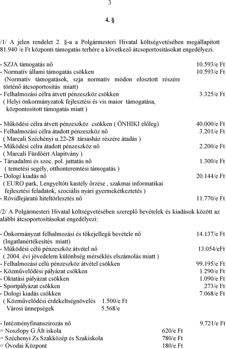 325/e Ft ( Helyi önkormányzatok fejlesztési és vis maior támogatása, központosított támogatás miatt ) - Működési célra átvett pénzeszköz csökken ( ÖNHIKI előleg) 40.