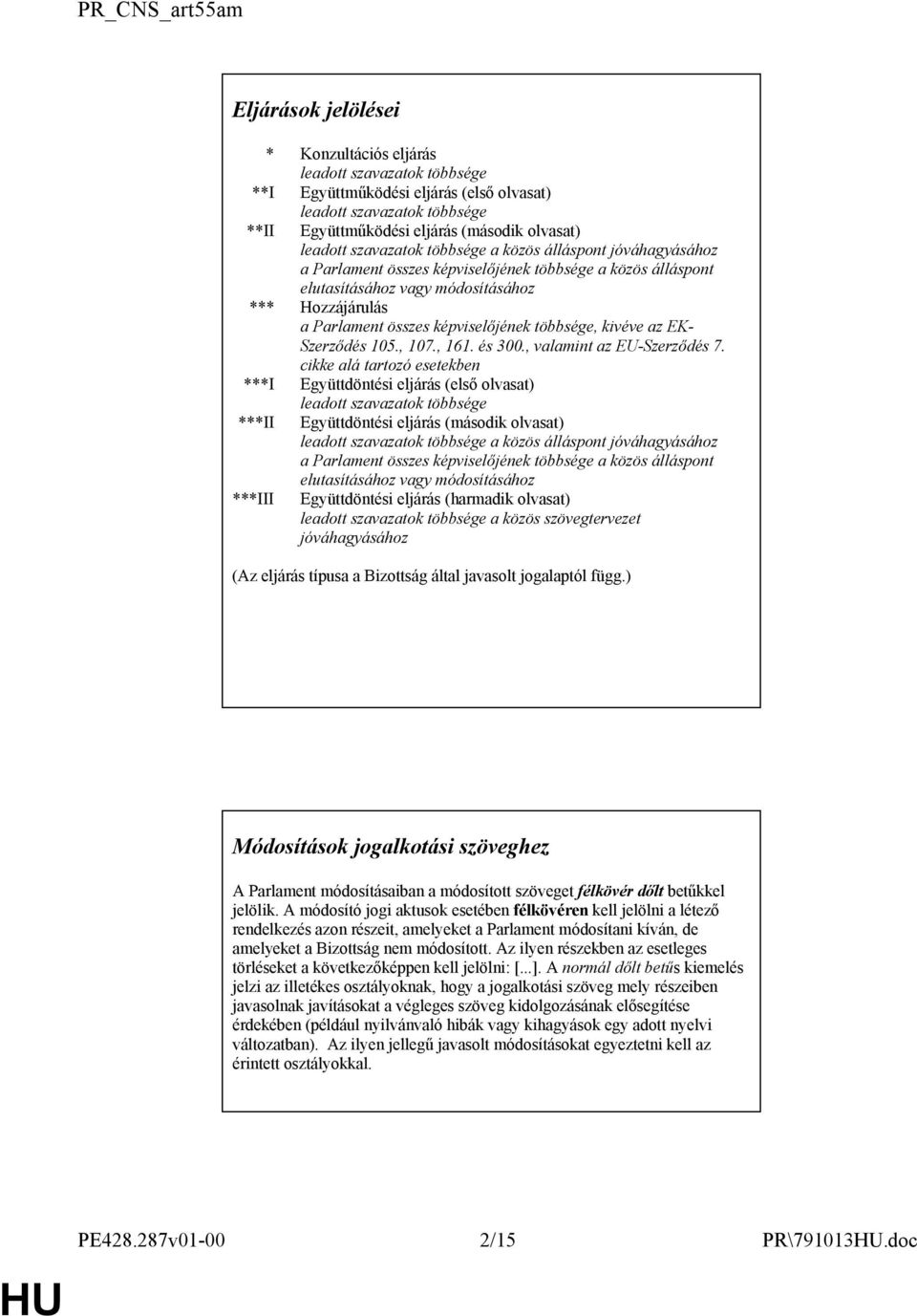 összes képviselőjének többsége, kivéve az EK- Szerződés 105., 107., 161. és 300., valamint az EU-Szerződés 7.