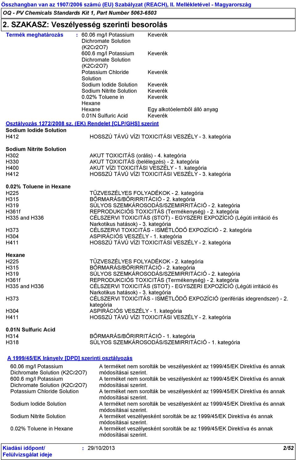 kategória Sodium Nitrite H302 H330 H400 H412 H225 H315 H319 H361f H335 and H336 H373 H304 H411 AKUT TOXICITÁS (orális) - 4. kategória AKUT TOXICITÁS (belélegzés) - 2.