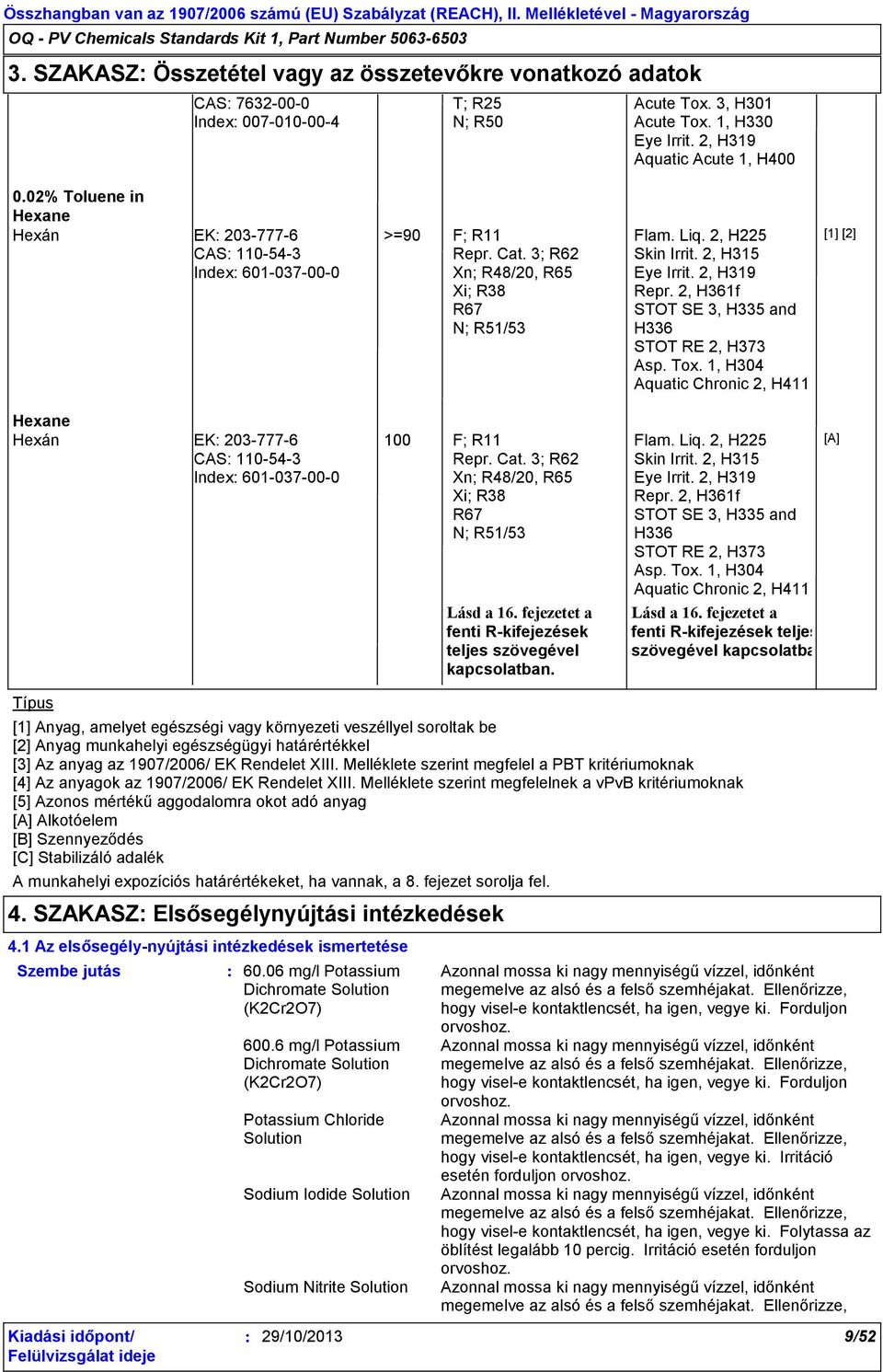 2, H319 Repr. 2, H361f STOT SE 3, H335 and H336 STOT RE 2, H373 Asp. Tox. 1, H304 Aquatic Chronic 2, H411 [1] [2] Hexán EK 203-777-6 CAS 110-54-3 Index 601-037-00-0 100 F; R11 Repr. Cat.