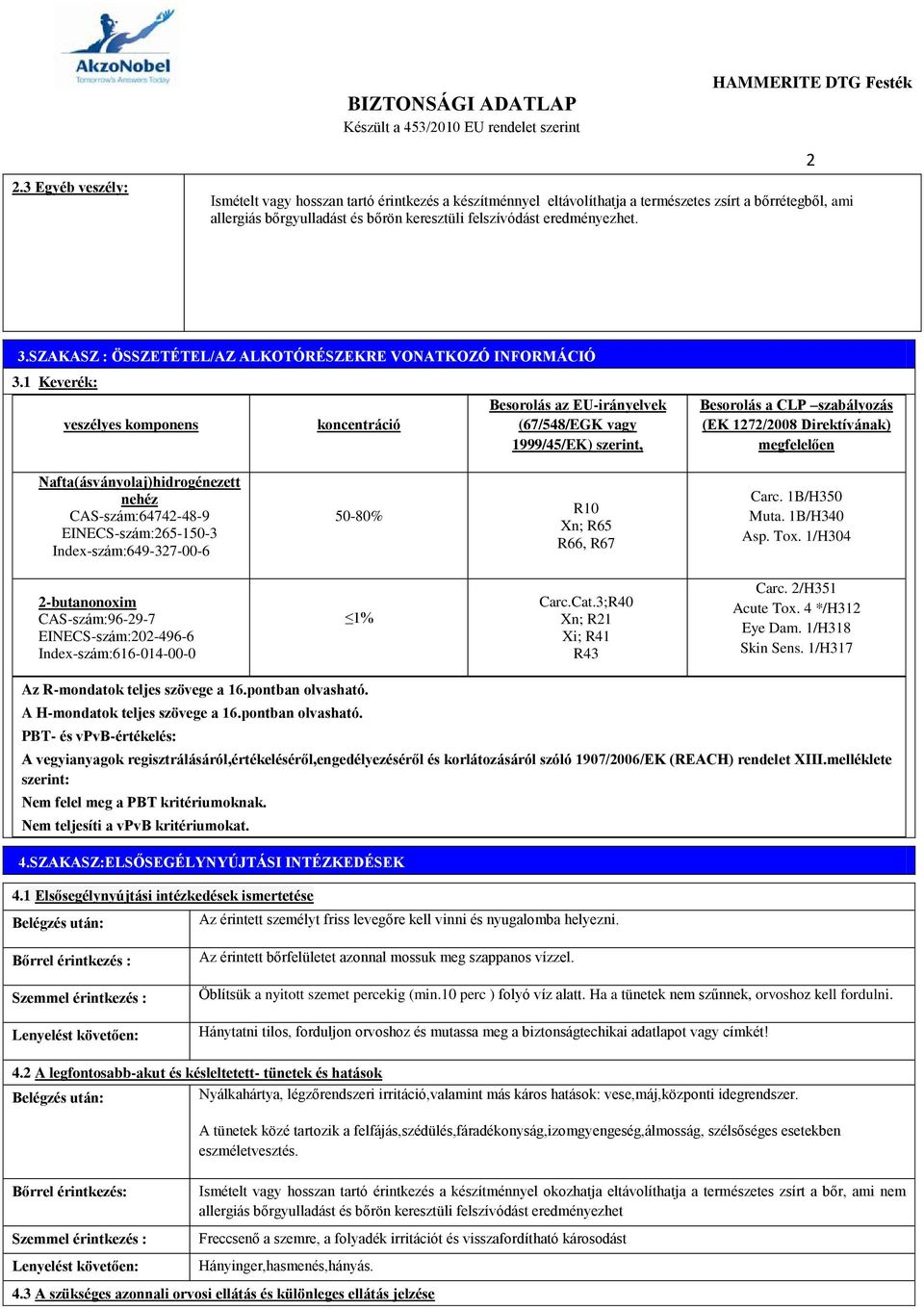 1 Keverék: veszélyes komponens koncentráció Besorolás az EU-irányelvek (67/548/EGK vagy 1999/45/EK) szerint, Besorolás a CLP szabályozás (EK 1272/2008 Direktívának) megfelelően