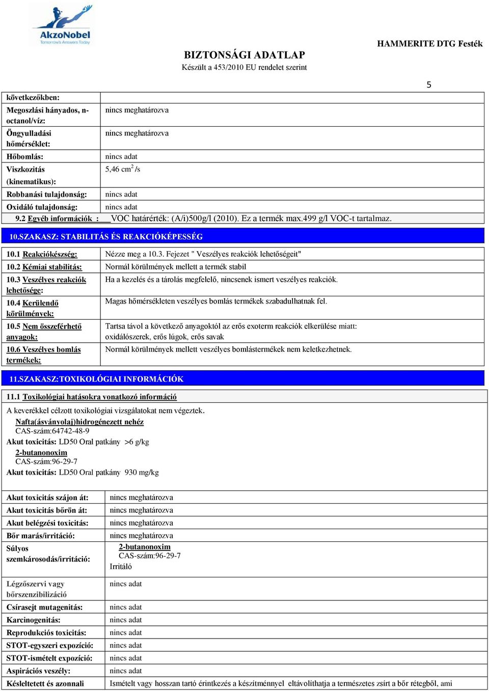 Fejezet " Veszélyes reakciók lehetőségeit" 10.2 Kémiai stabilitás: Normál körülmények mellett a termék stabil 10.3 Veszélyes reakciók lehetősége: 10.4 Kerülendő körülmények: 10.