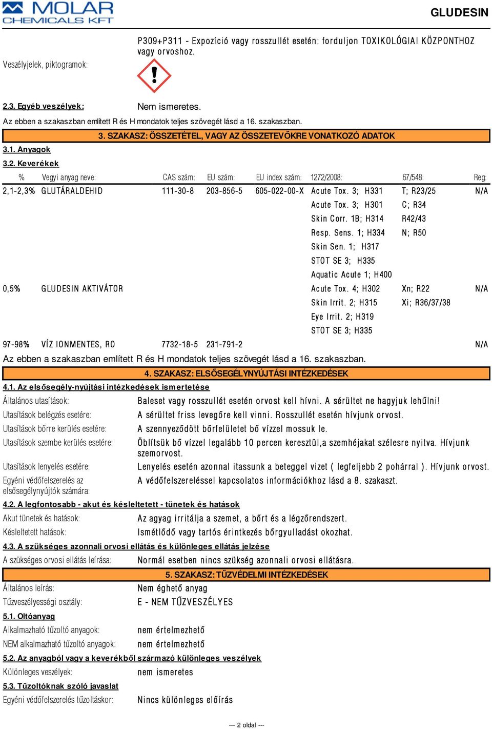 SZAKASZ: ÖSSZETÉTEL, VAGY AZ ÖSSZETEVŐKRE VONATKOZÓ ADATOK % Vegyi anyag neve: CAS szám: EU szám: EU index szám: 1272/2008: 67/548: Reg: 2,1-2,3% GLUTÁRALDEHID 111-30-8 203-856-5 605-022-00-X Acute