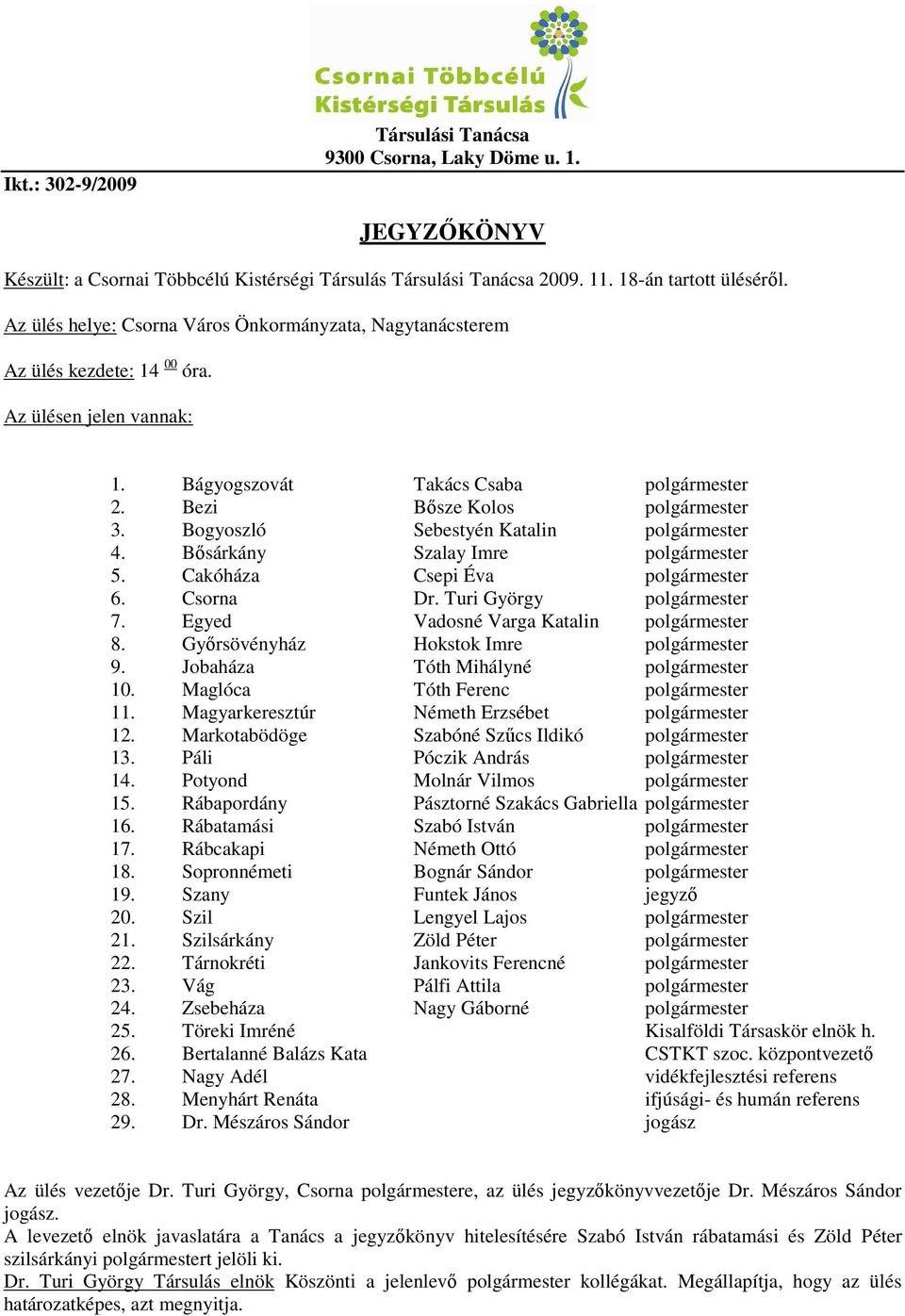 Bogyoszló Sebestyén Katalin polgármester 4. Bősárkány Szalay Imre polgármester 5. Cakóháza Csepi Éva polgármester 6. Csorna Dr. Turi György polgármester 7. Egyed Vadosné Varga Katalin polgármester 8.