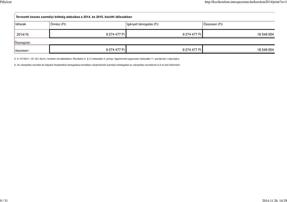 9 274 477 Ft 18 548 954 Ft 5. A 107/2011. (VI. 30.) Korm. rendelet (továbbiakban: Rendelet) 2. (1) bekezdés 4.