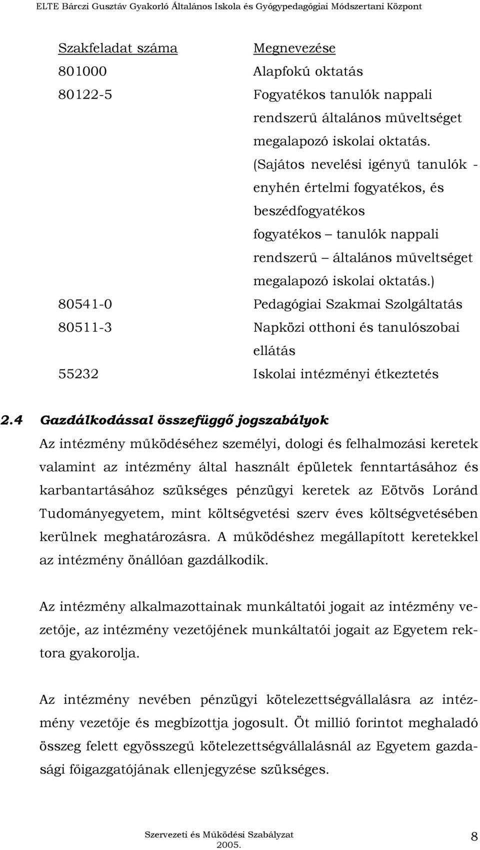 ) 80541-0 Pedagógiai Szakmai Szolgáltatás 80511-3 Napközi otthoni és tanulószobai ellátás 55232 Iskolai intézményi étkeztetés 2.