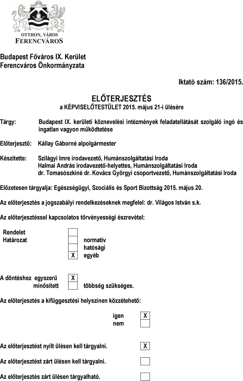 irodavezető-helyettes, Humánszolgáltatási Iroda dr. Tomasószkiné dr. Kovács Györgyi csoportvezető, Humánszolgáltatási Iroda Előzetesen tárgyalja: Egészségügyi, Szociális és Sport Bizottság 2015.