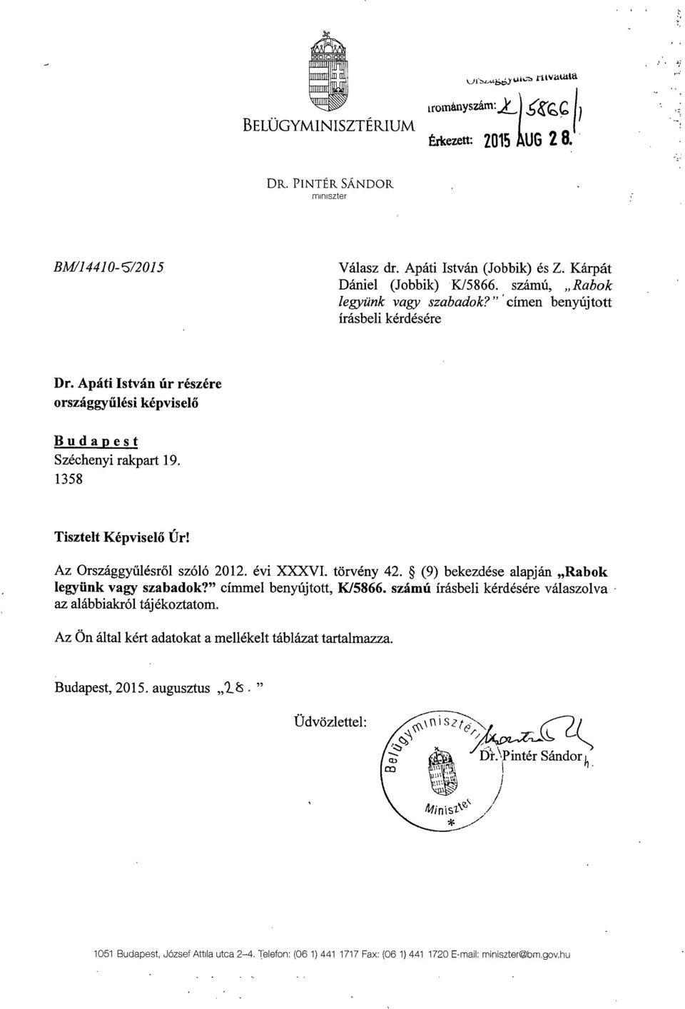 Az Országgy űlésről szóló 01. évi XXXVI. törvény 4. (9) bekezdése alapján Rabok legyünk vagy szabadok? címmel benyújtott, K/5866. számú írásbeli kérdésére válaszolva - az alábbiakról tájékoztatom.