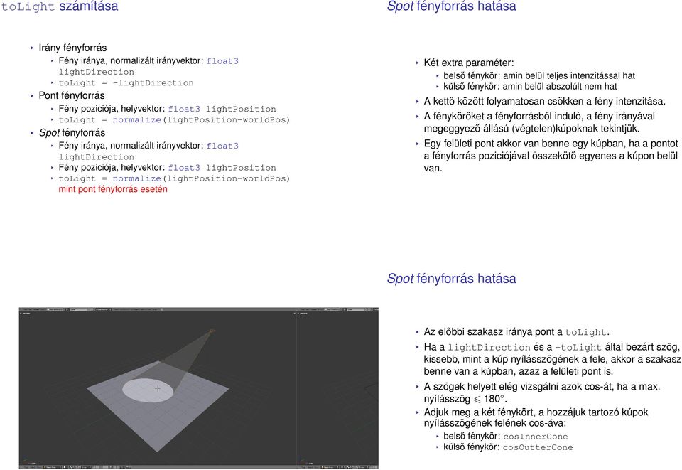 normalize(lightposition-worldpos) mint pont fényforrás esetén Két extra paraméter: belső fénykör: amin belül teljes intenzitással hat külső fénykör: amin belül abszolúlt nem hat A kettő között