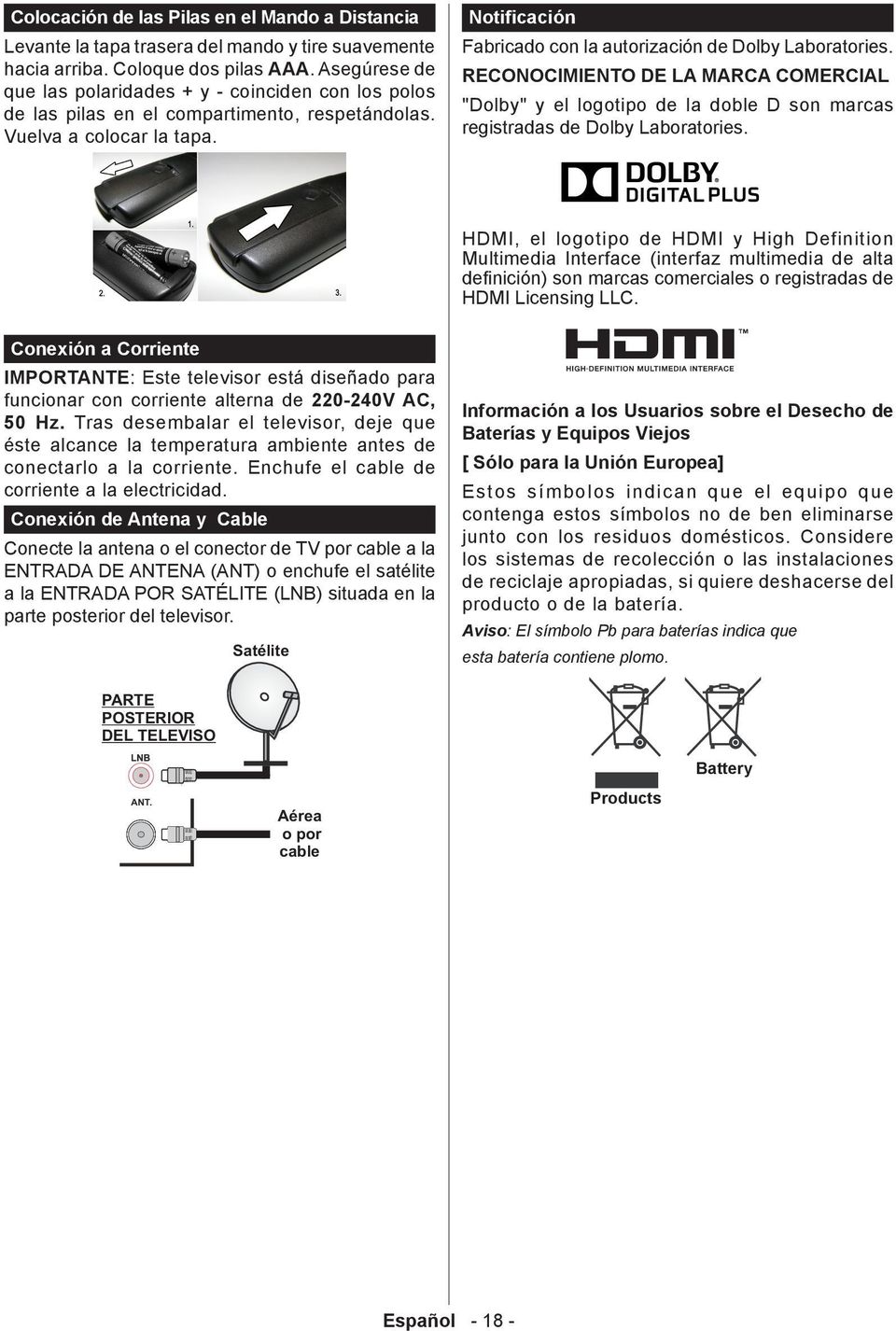 Notificación Fabricado con la autorización de Dolby Laboratories. RECNCIMIENT DE LA MARCA CMERCIAL "Dolby" y el logotipo de la doble D son marcas registradas de Dolby Laboratories.