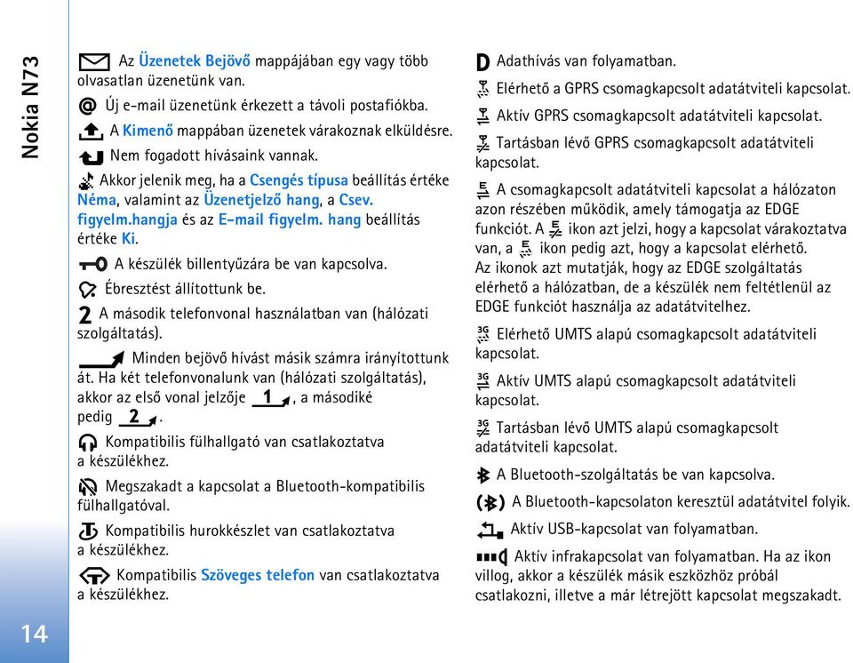 A készülék billentyûzára be van kapcsolva. Ébresztést állítottunk be. A második telefonvonal használatban van (hálózati szolgáltatás). Minden bejövõ hívást másik számra irányítottunk át.