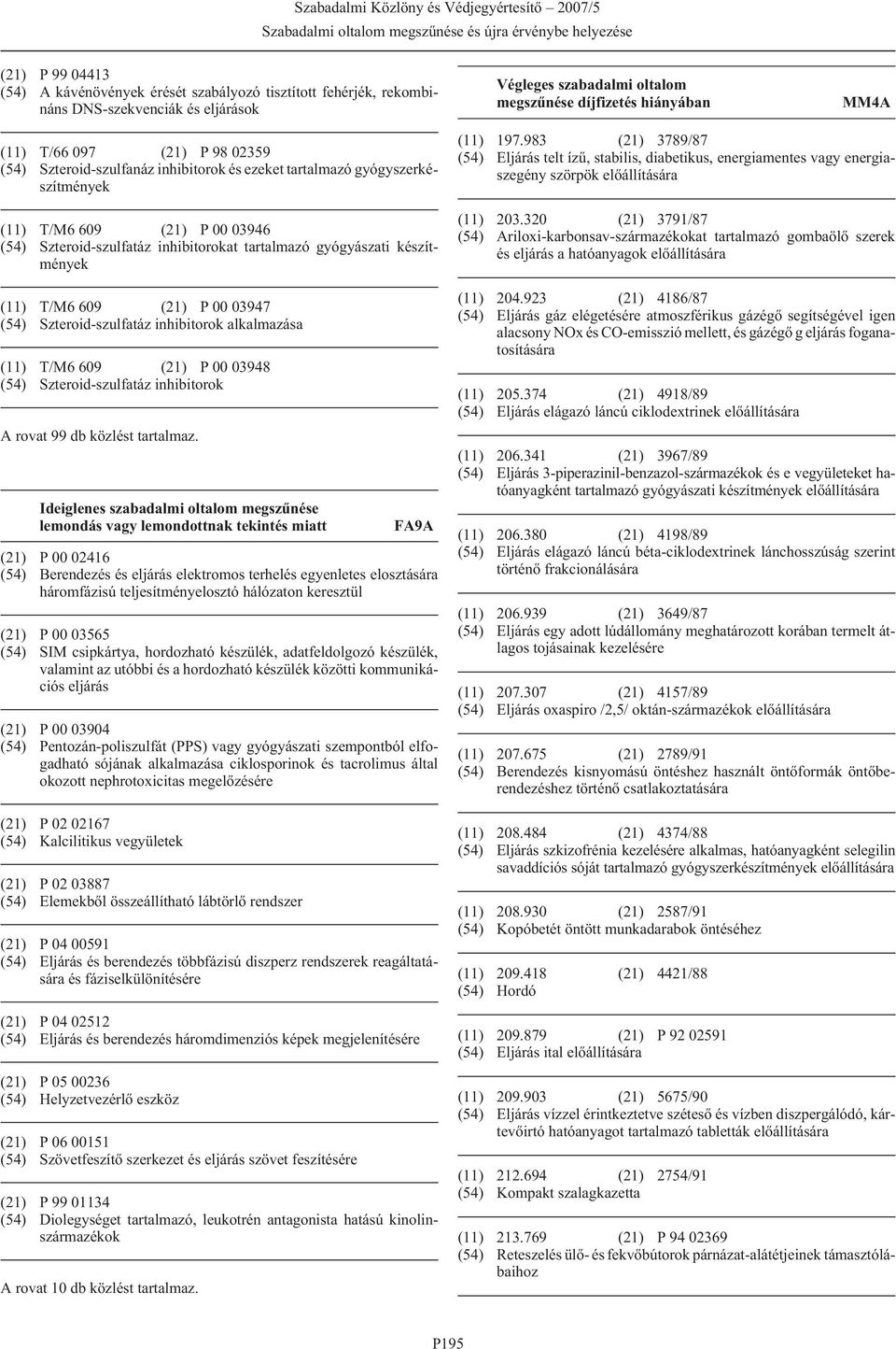 T/M6 609 (21) P 00 03947 (54) Szteroid-szulfatáz inhibitorok alkalmazása (11) T/M6 609 (21) P 00 03948 (54) Szteroid-szulfatáz inhibitorok A rovat 99 db közlést tartalmaz.