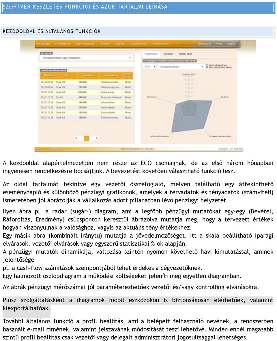 Az oldal tartalmát tekintve egy vezetői összefoglaló, melyen található egy áttekinthető eseménynapló és különböző pénzügyi grafikonok, amelyek a tervadatok és tényadatok (számviteli) ismeretében jól