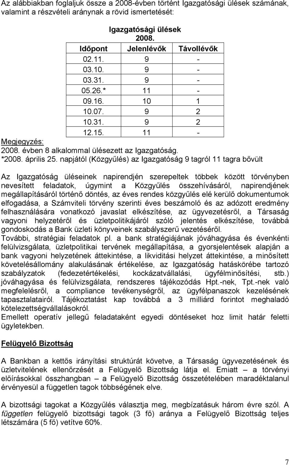 napjától (Közgyűlés) az Igazgatóság 9 tagról 11 tagra bővült Az Igazgatóság üléseinek napirendjén szerepeltek többek között törvényben nevesített feladatok, úgymint a Közgyűlés összehívásáról,