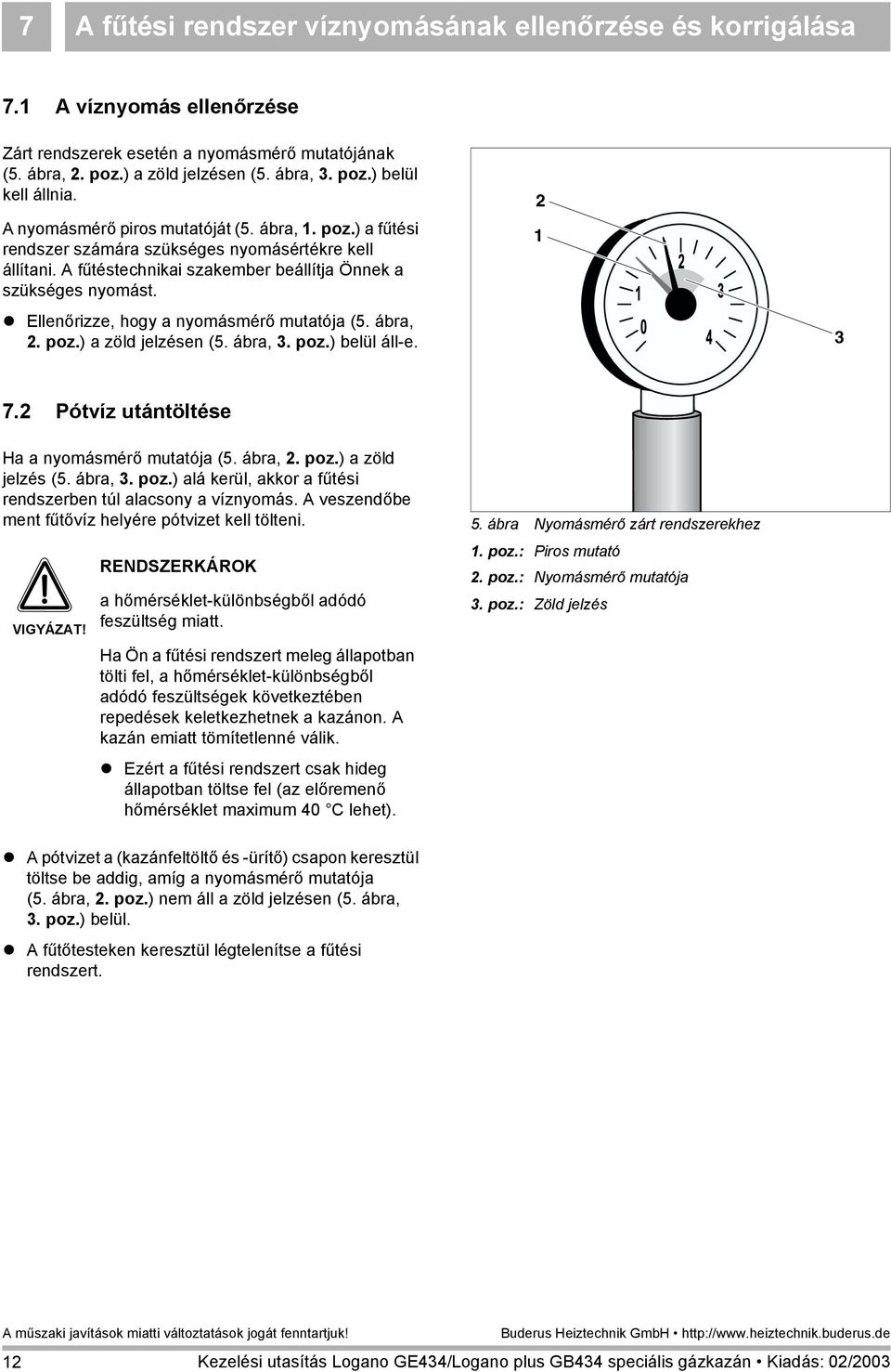 ! Ellenőrizze, hogy a nyomásmérő mutatója (5. ábra, 2. poz.) a zöld jelzésen (5. ábra, 3. poz.) belül áll-e. 2 1 3 7.2 Pótvíz utántöltése Ha a nyomásmérő mutatója (5. ábra, 2. poz.) a zöld jelzés (5.