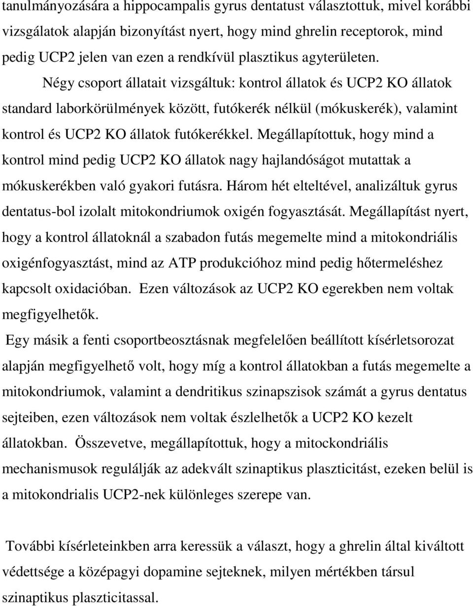 Megállapítottuk, hogy mind a kontrol mind pedig UCP2 KO állatok nagy hajlandóságot mutattak a mókuskerékben való gyakori futásra.