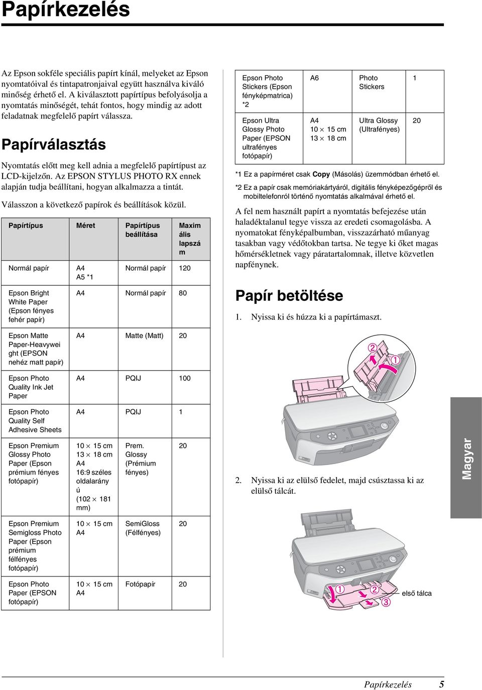 Papírválasztás Nyomtatás előtt meg kell adnia a megfelelő papírtípust az LCD-kijelzőn. Az EPSON STYLUS PHOTO RX ennek alapján tudja beállítani, hogyan alkalmazza a tintát.