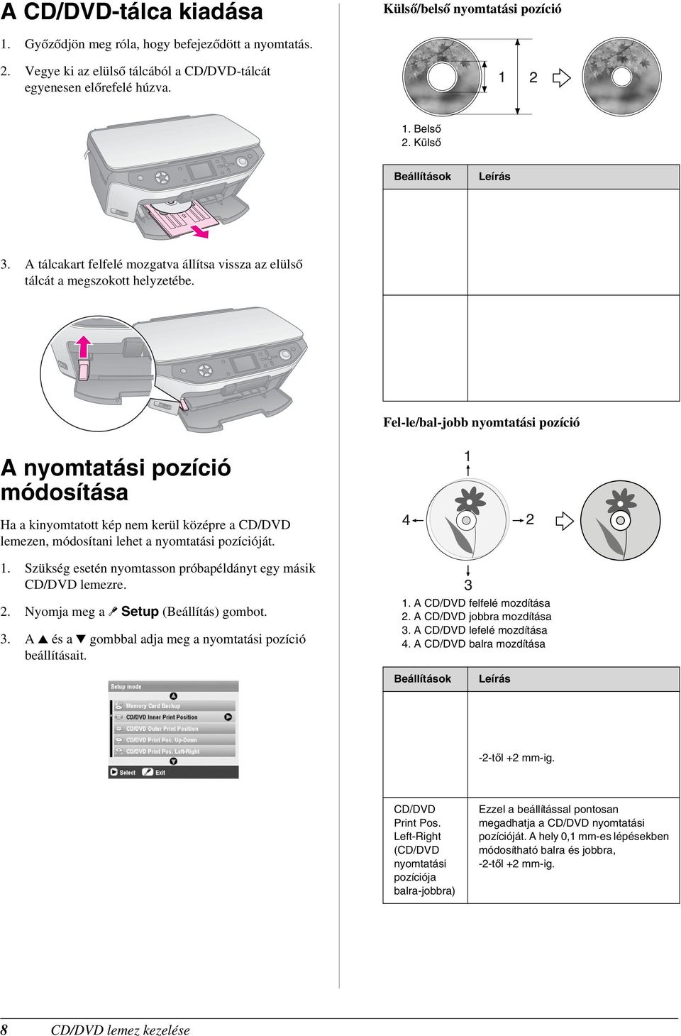 Fel-le/bal-jobb nyomtatási pozíció A nyomtatási pozíció módosítása Ha a kinyomtatott kép nem kerül középre a CD/DVD lemezen, módosítani lehet a nyomtatási pozícióját. 1.