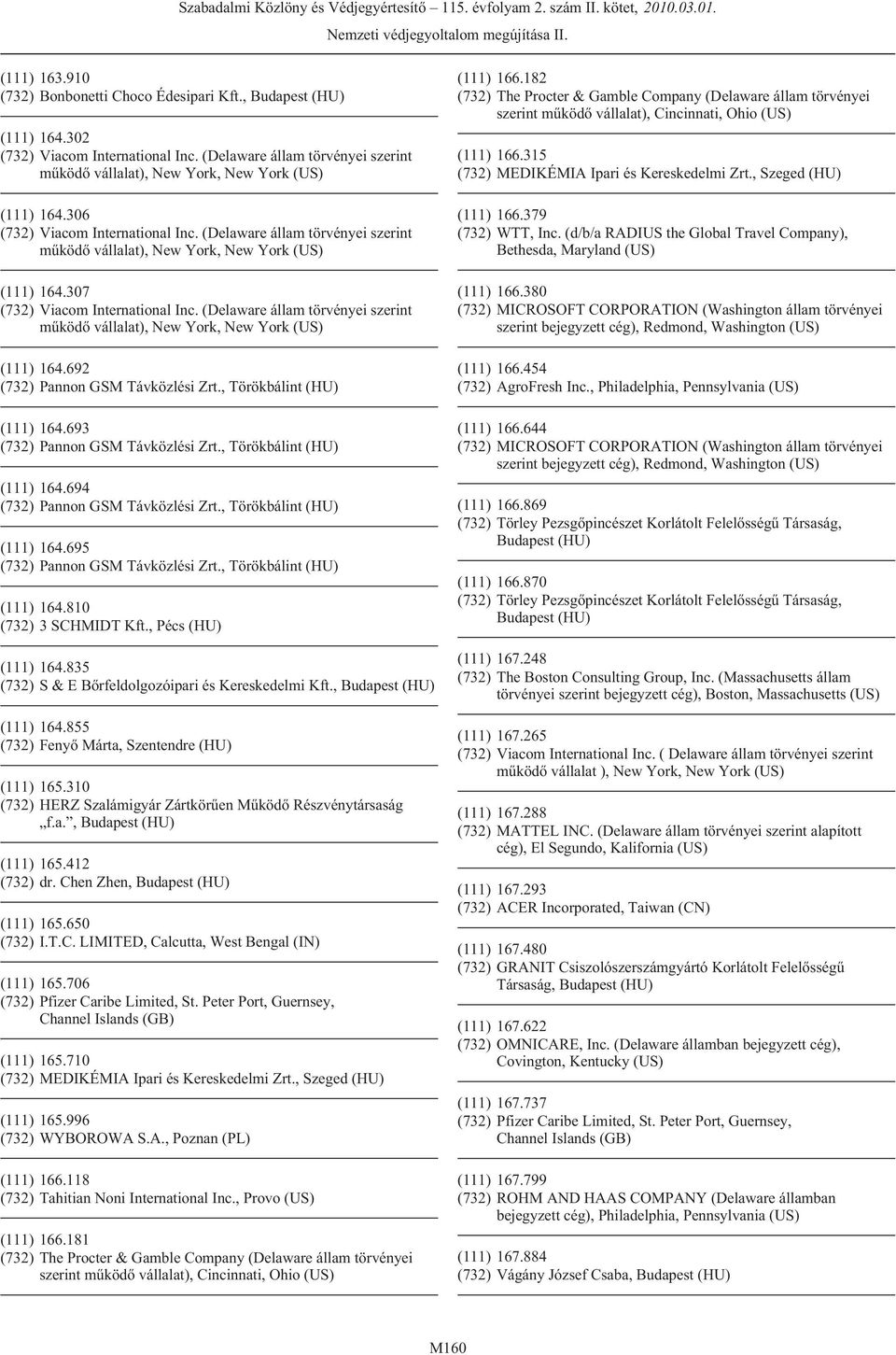 T.C. LIMITED, Calcutta, West Bengal (IN) (111) 165.706 (732) Pfizer Caribe Limited, St. Peter Port, Guernsey, Channel Islands (GB) (111) 165.710 (732) MEDIKÉMIA Ipari és Kereskedelmi Zrt.